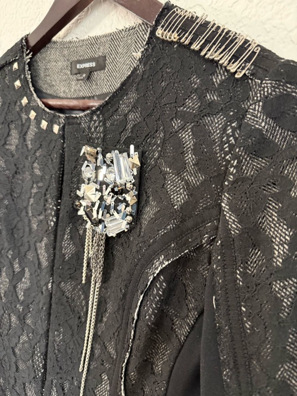 Express Lace Embellished Cropped Jacket | Black Evening Industrial | Size Small - Picture 4 of 16